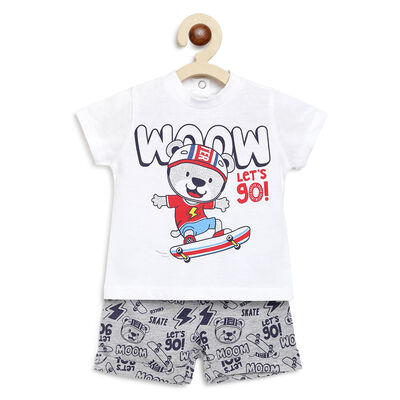 Boys Light Grey Printed 2 Pc Set T-shirt with Short Trouser